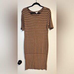 L Lularoe Julia, semi stretchy, midi, T-Shirt, brown & tan striped sheath dress.